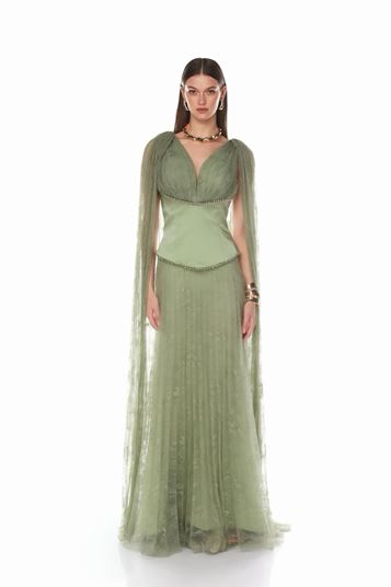 Robe de soirée cape en dentelle menthe